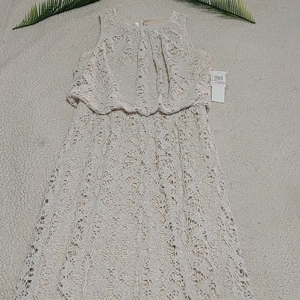 London Times Oatmeal Colored Lace Over Sleeveless Maxi Dress 6. - Picture 14 of 15